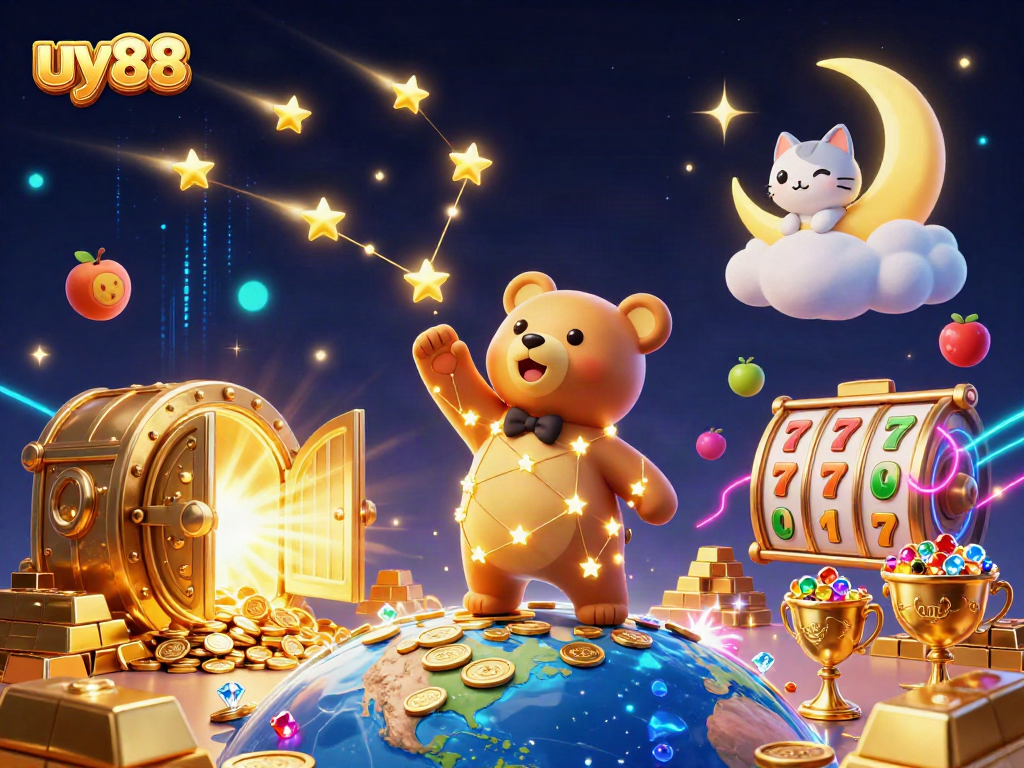 uy88 offers a vibrant gaming experience with a stellar bear and lavish casino treasures.