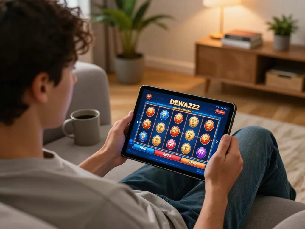 Player enjoying DEWA222 slot games on tablet in cozy home environment with coffee.