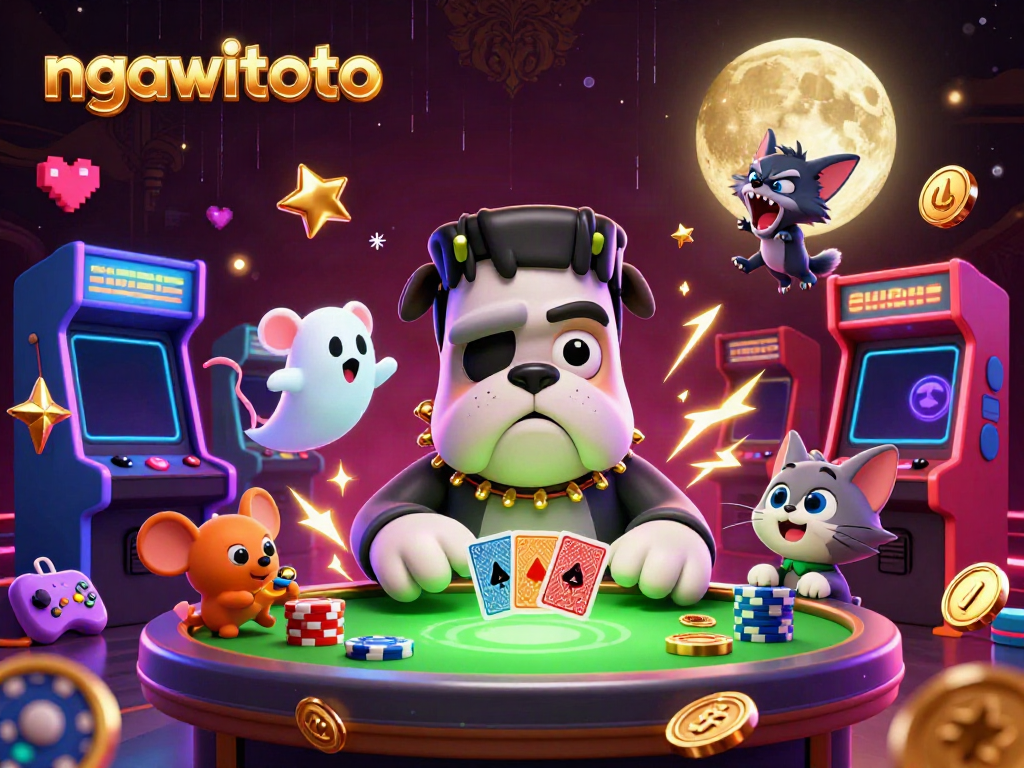 Experience the thrill of ngawitoto with vibrant characters and gameplay at a spooky casino scene.