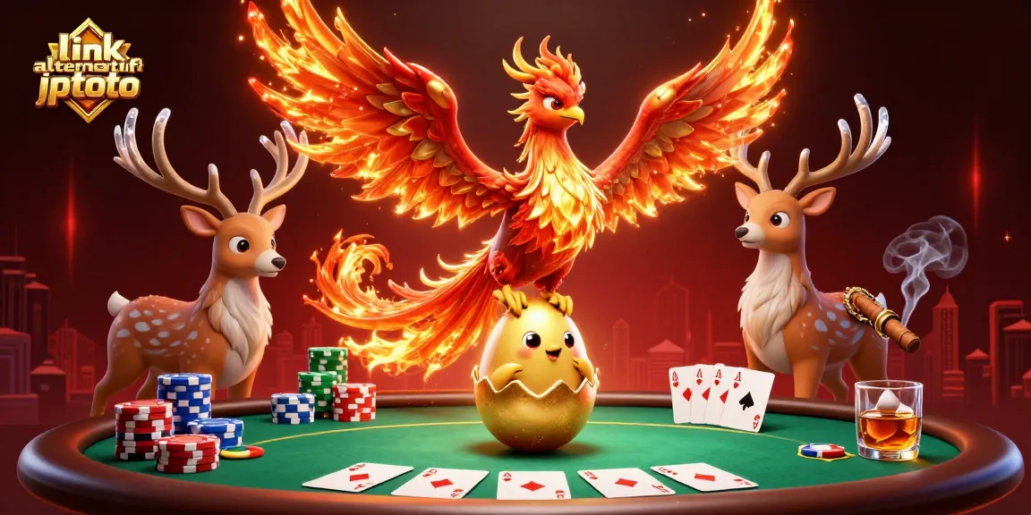 Permainan kartu poker yang menarik dengan link alternatif jptoto, menggambarkan phoenix berapi-api dan karakter lainnya.
