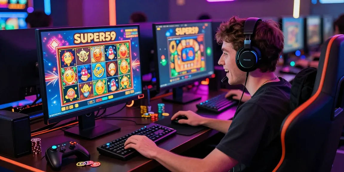 Pengguna SUPER59 yang antusias bermain slot online dengan headset, menggambarkan pengalaman bermain game yang menarik.