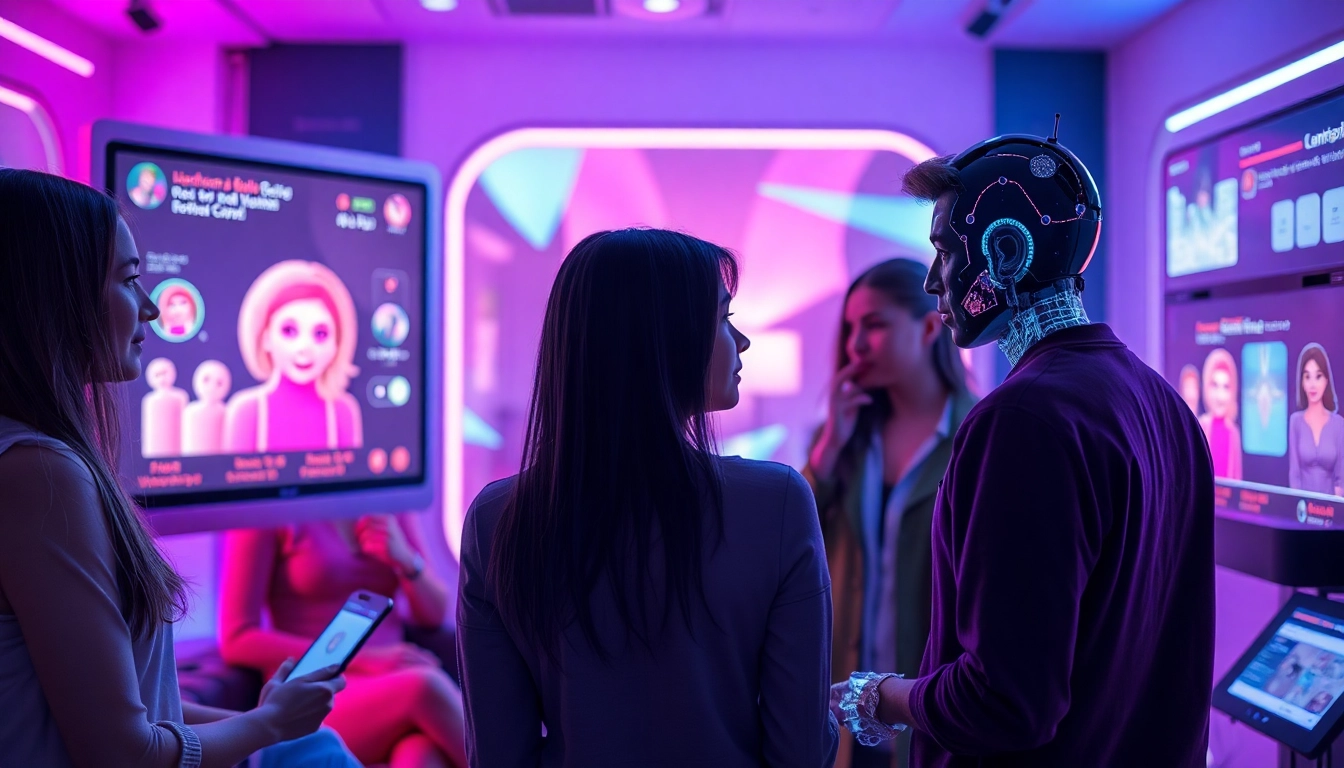 Explore the interaction between users and the best nsfw ai chatbots in a futuristic digital environment with engaging AI avatars.