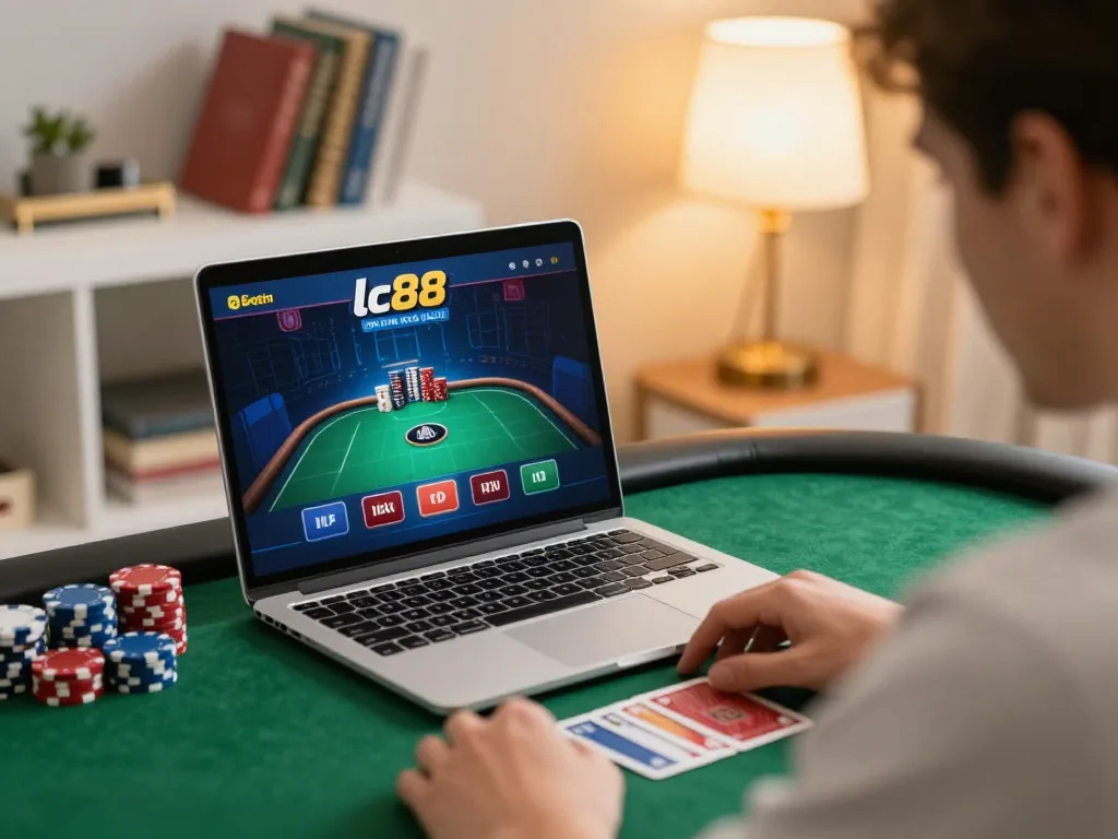 Player strategizing at home using lc88 online poker interface with warm lighting and focused atmosphere.