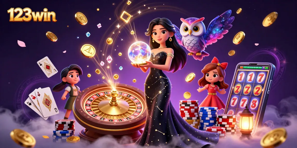Experience the thrill of 123win with a 3D immersive casino scene filled with vibrant gaming elements.