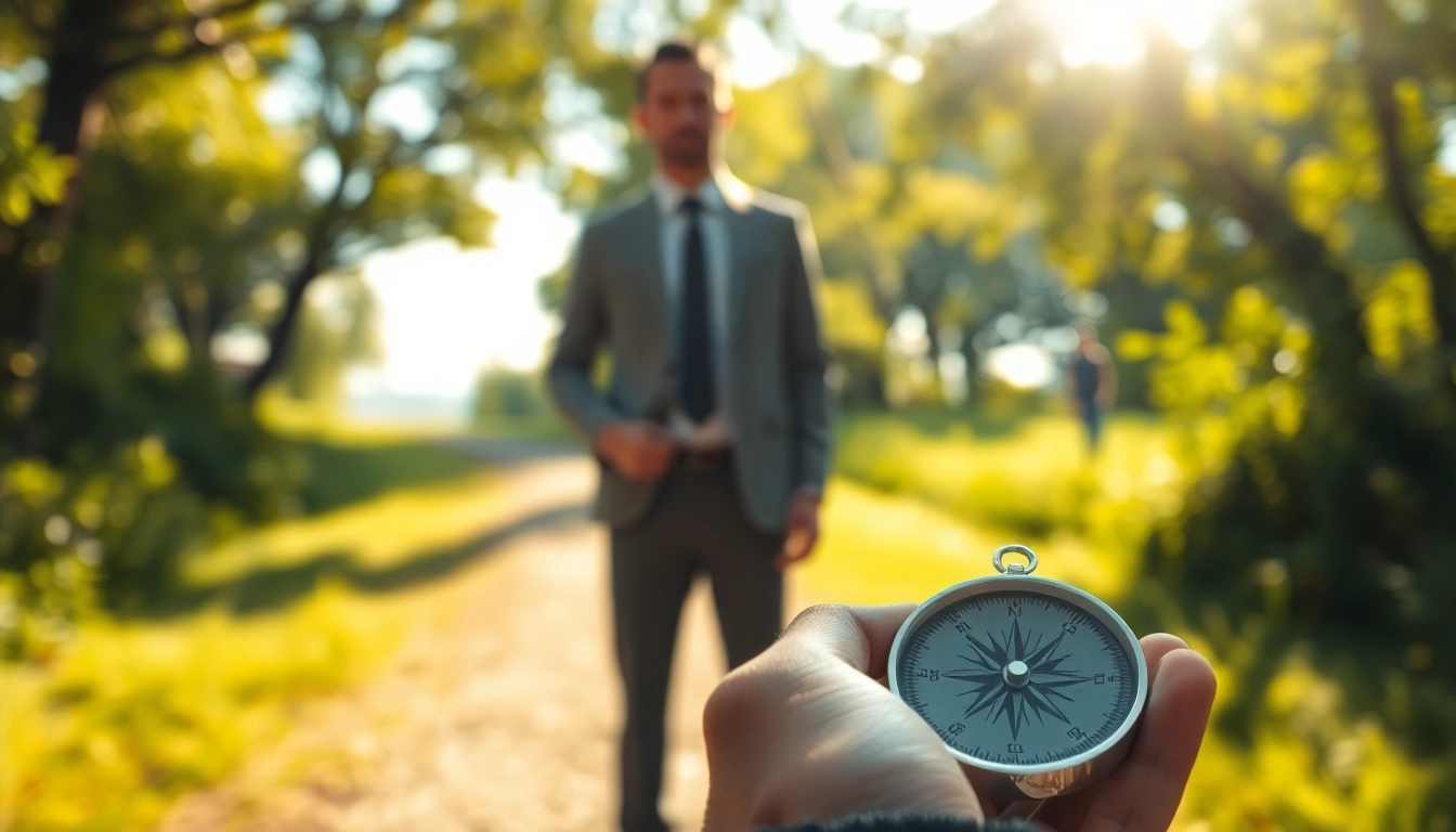 Find my true calling illustrated by a professional holding a compass on a serene pathway.