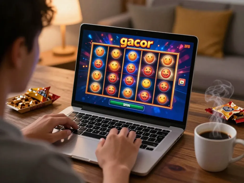 Player enjoying slot gacor on laptop, immersed in a vibrant online gaming atmosphere at home.