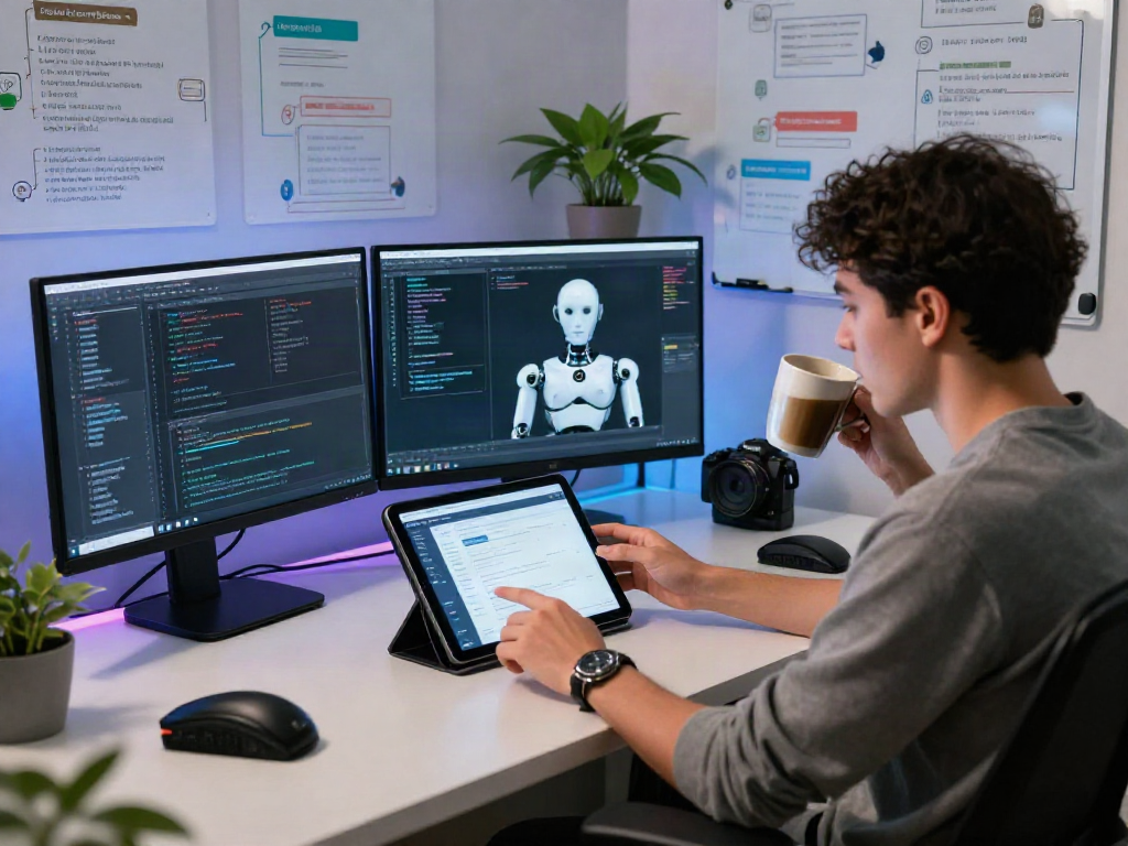 Developer focused on creating a sex bot application in a modern workspace.