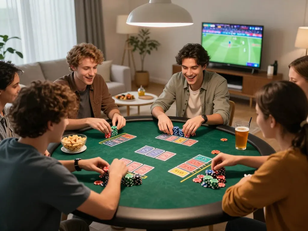 Xóc đĩa game excitement with friends at a home gambling night, vibrant table setup, strategic betting.