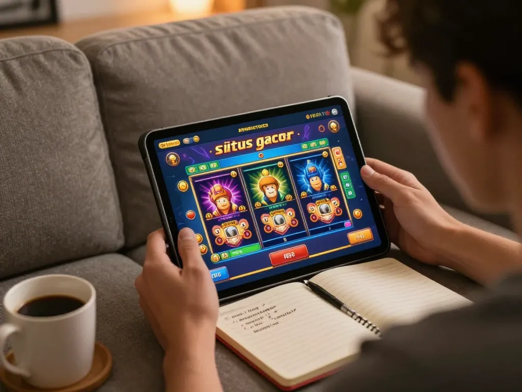 Sit at home playing on a situs gacor online casino tablet with winning strategies notebook visible