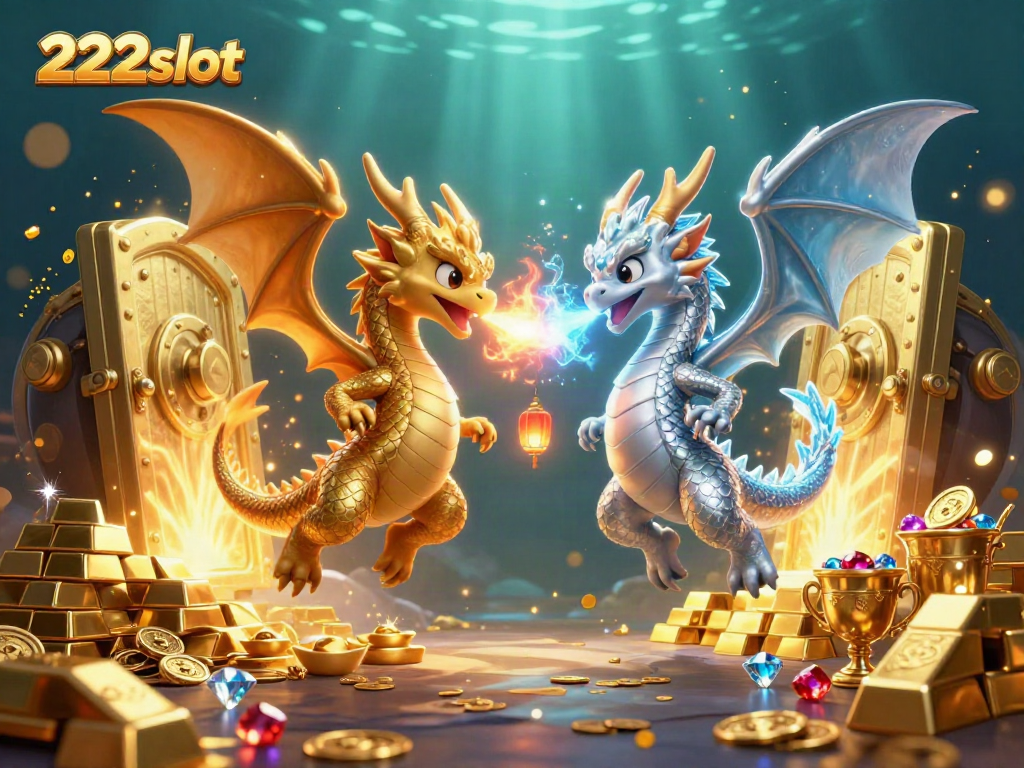 Permainan slot 222slot dengan naga emas dan perak, melawan elemen api dan es, dikelilingi harta karun berkilau.