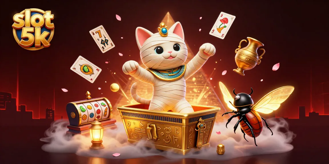 Win big with slot 5k at the vibrant casino scene featuring a mummy cat and animated treasures.