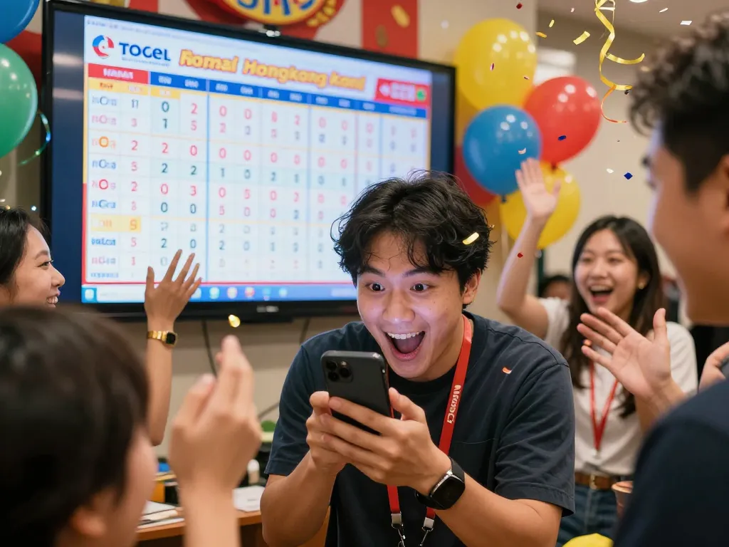 Excited players celebrating Togel Hongkong results with confetti and smartphone, showcasing Data HK.