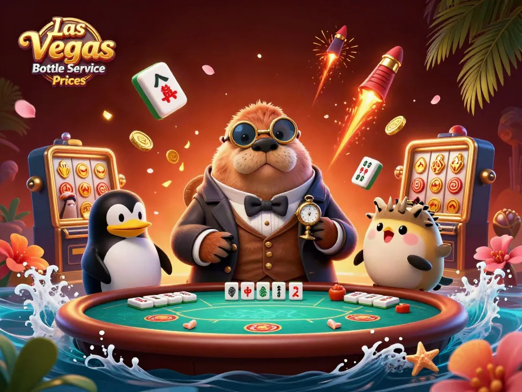 Experience Las Vegas Bottle Service Prices with a jolly walrus and penguin dealer at an underwater poker table.