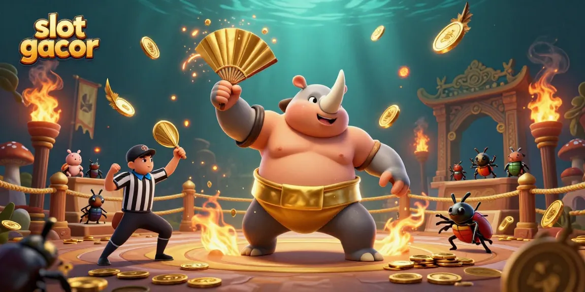 Menangkan permainan slot gacor dengan ilustrasi dinamis dari juara sumo badak rhinoceros dan unsur kasino lainnya.