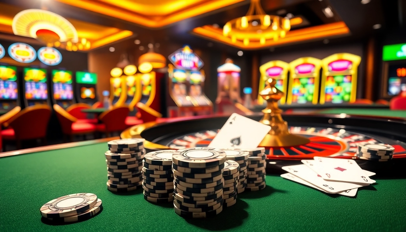 Scène excitante mettant en avant le casino en ligne France avec des machines à sous vibrantes et une roue de roulette.