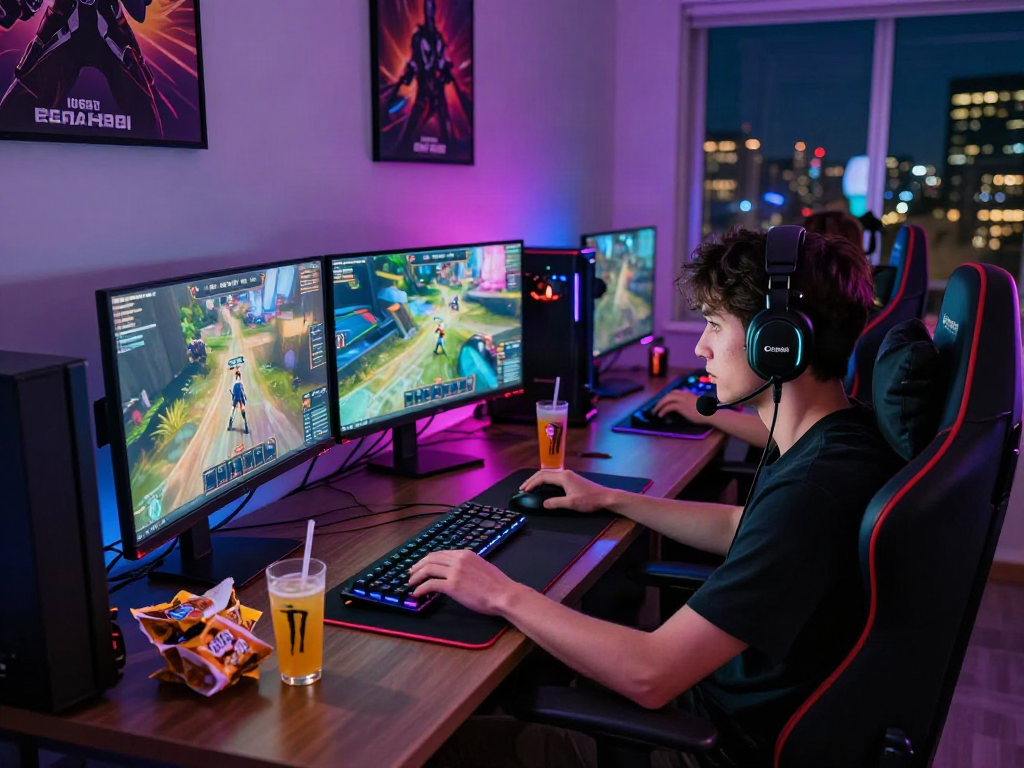 Situs bro138 gaming setup with triple monitors, snacks, and RGB lighting in a competitive atmosphere.