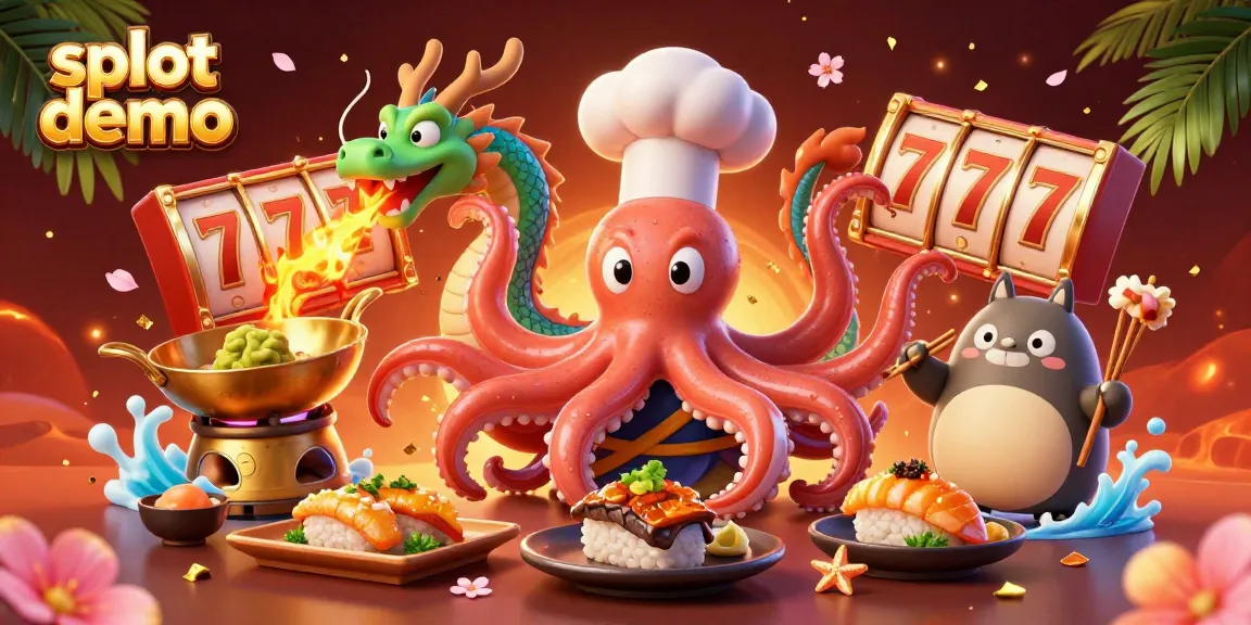 Slot demo dengan karakter unik seperti chef gurita, naga, dan tanuki di dunia perjudian.