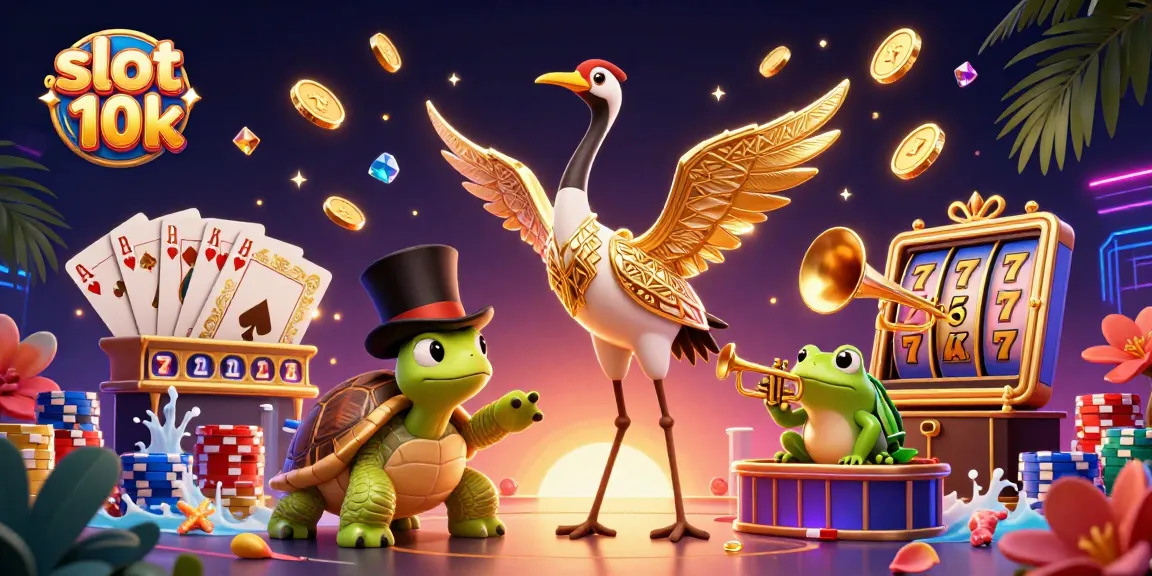 Spin the slot 10k reels surrounded by vibrant casino characters and dazzling gold coins.