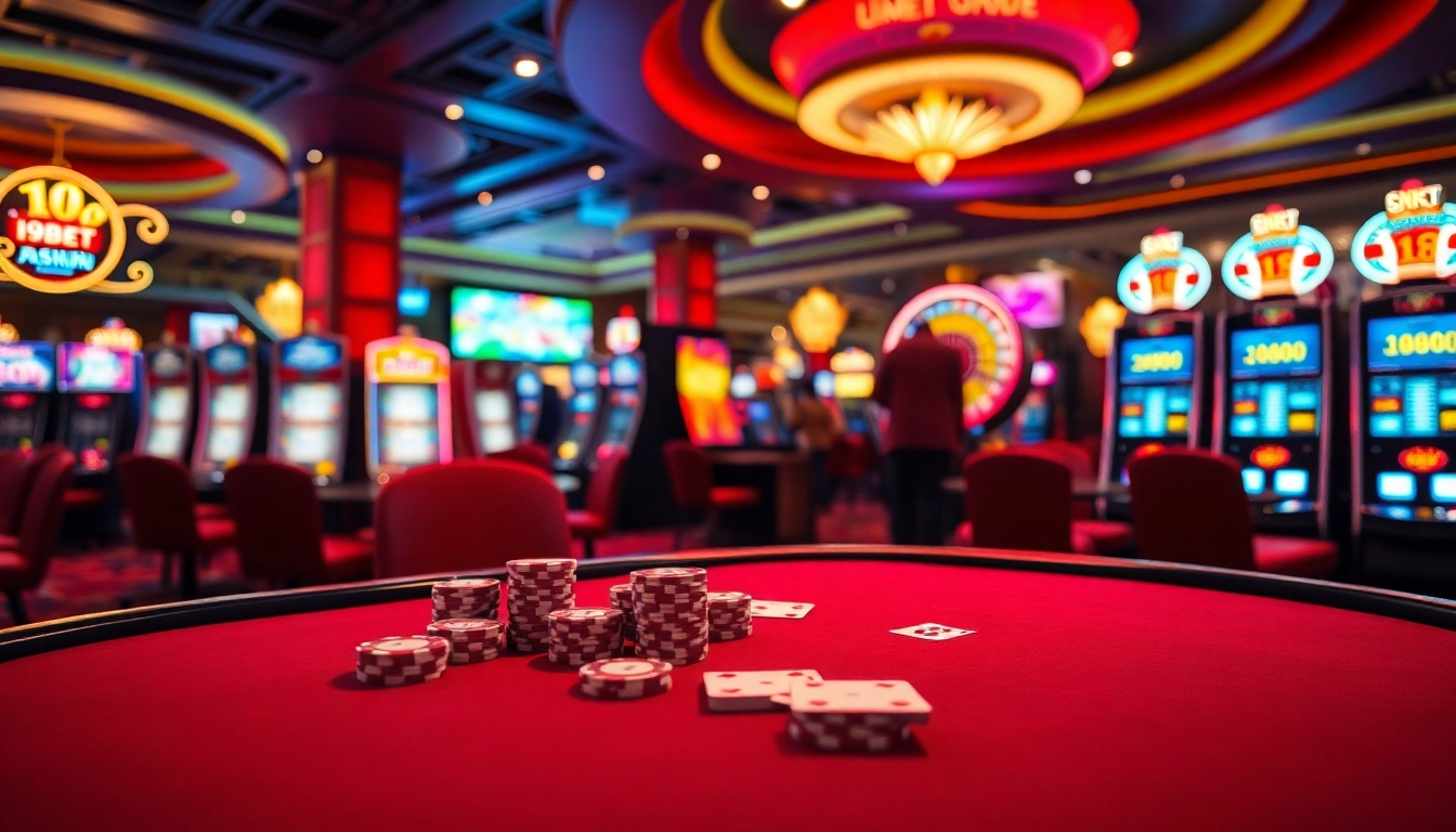 Excitement builds at the nhà cái i9bet casino with vibrant gaming tables and slot machines.
