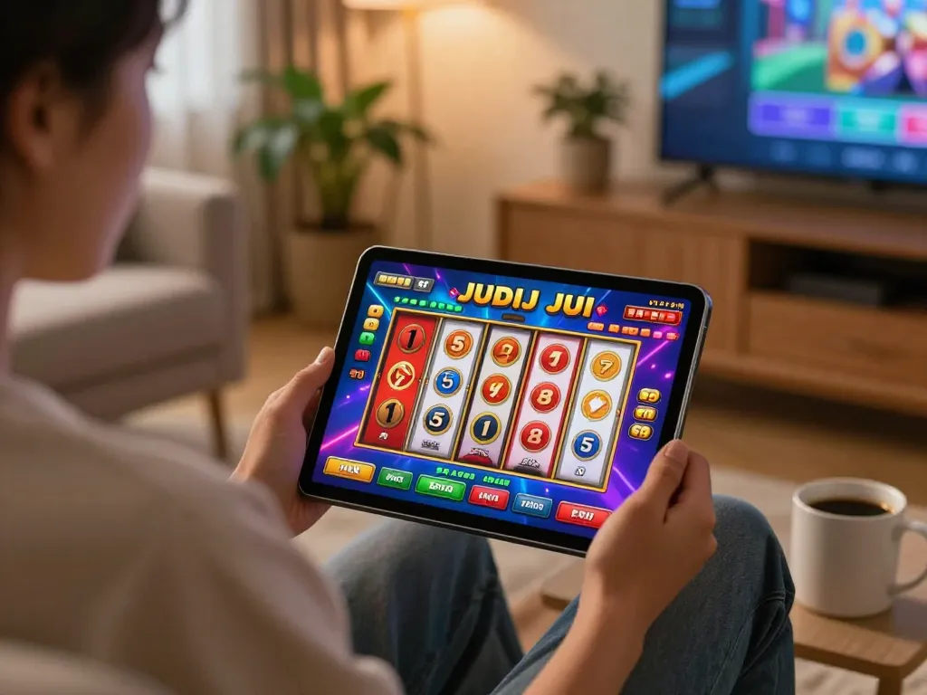 Engaged player enjoying judi slot game on a tablet in a cozy home environment
