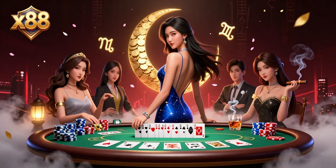 X88 celebrates thrilling poker action with stunning Asian woman and vibrant game elements.