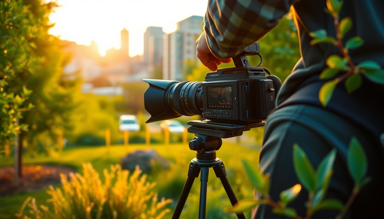Edmonton videographer filming outdoor scenes with a high-quality camera, capturing vibrant landscapes.