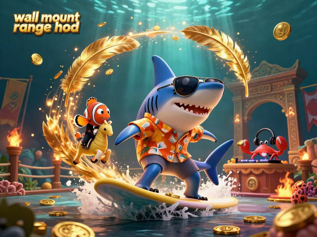 Surfing hammer-head shark promotes wall mount range hood amidst a vibrant casino scene.