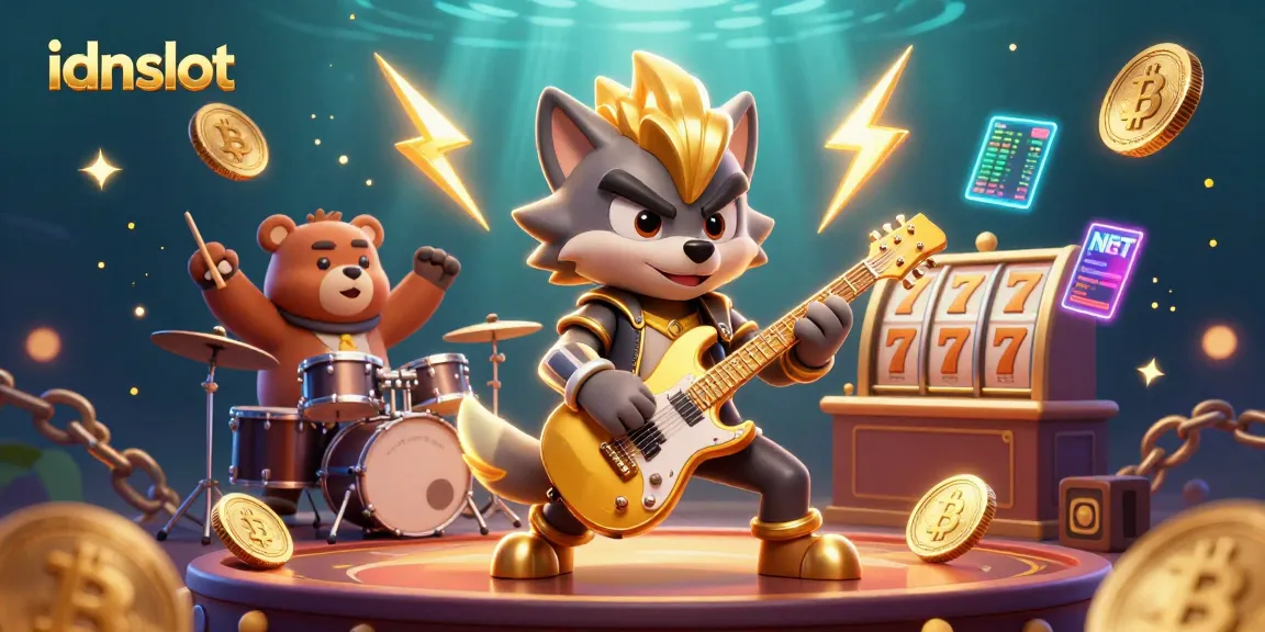 Engage with idnslot through a vibrant 3D casino scene featuring a rock star wolf and drummer bear.