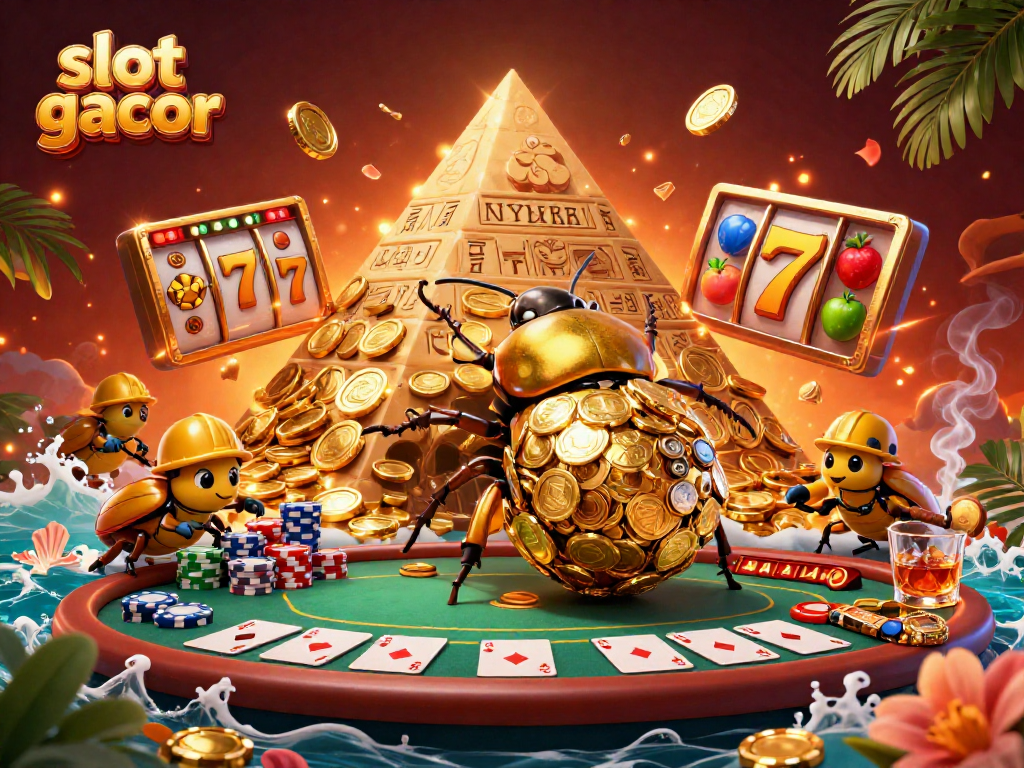 Menangkan slot gacor dengan karakter menarik seperti kumbang emas dan simbol kasino yang megah.