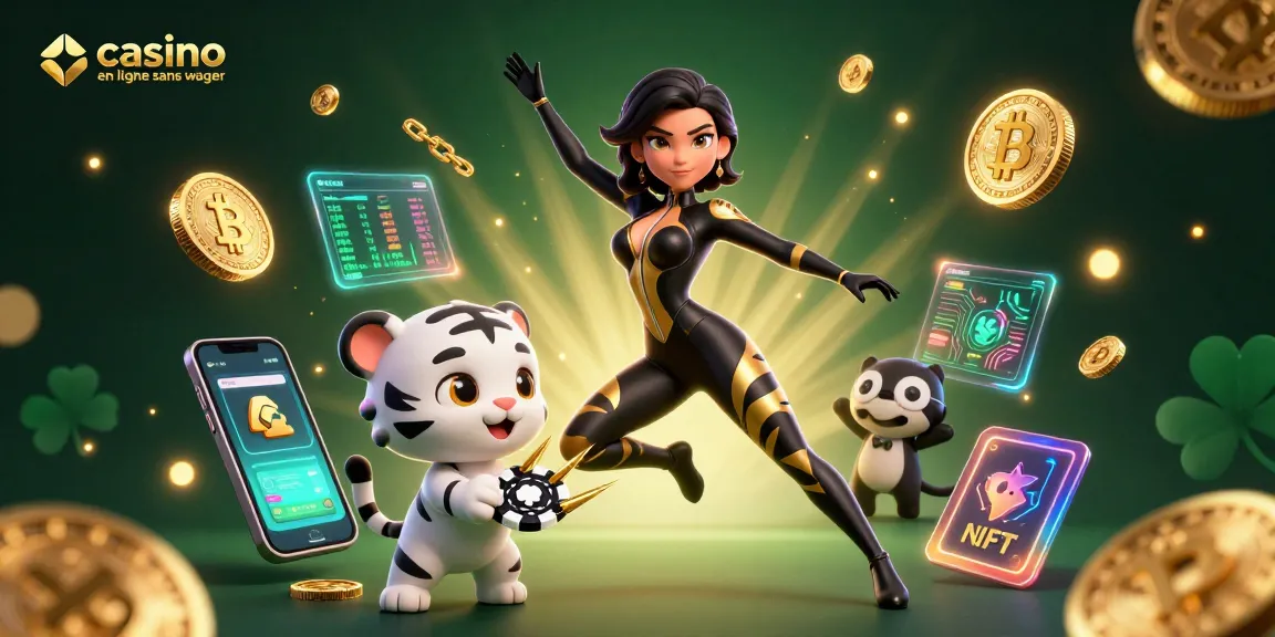 Engagez-vous dans un casino en ligne sans wager avec des personnages vibrants et des éléments néon représentant l'excitation du jeu.