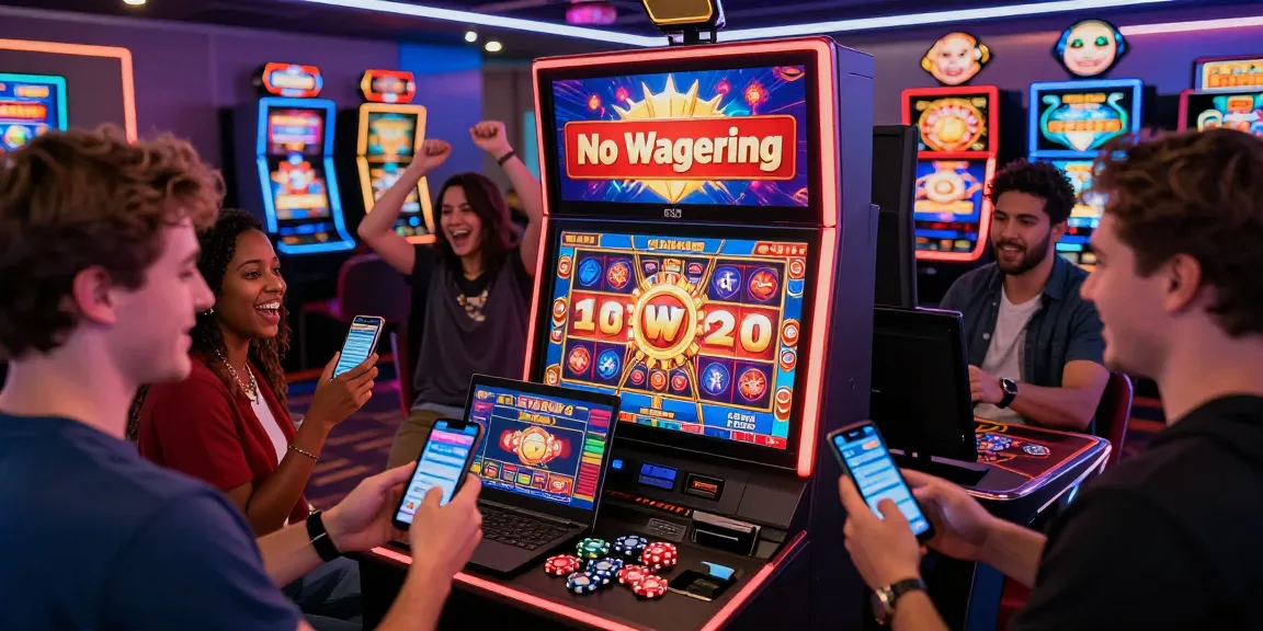 Célébration de joueurs profitant des bonus de casino en ligne sans wager et d'une atmosphère de jeu dynamique