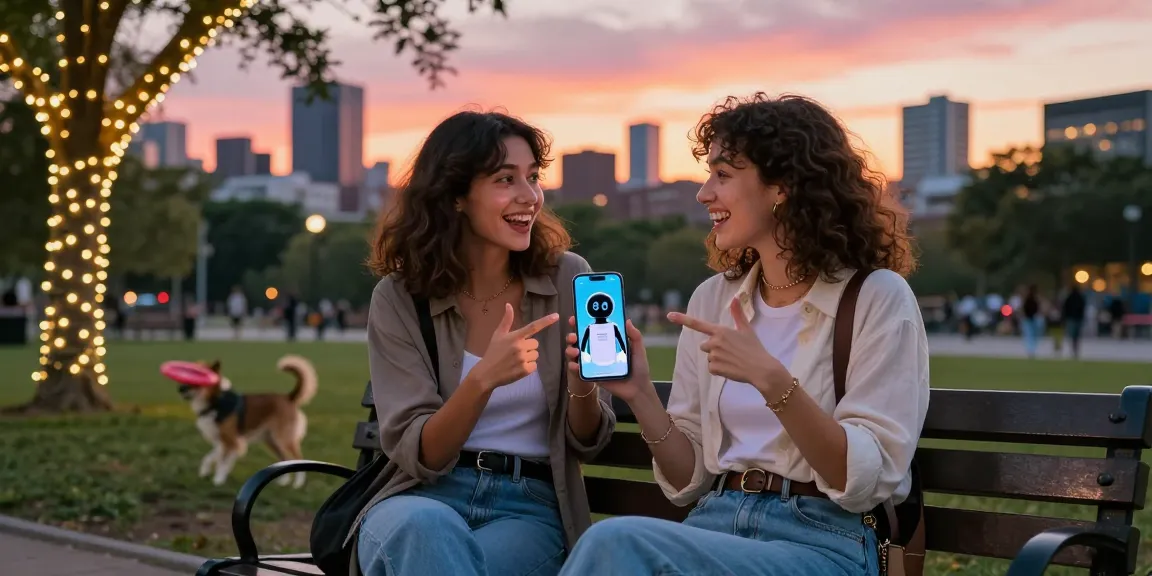 A young woman enjoying time with her AI girlfriend on her smartphone in a park, showcasing the interaction of technology and connection.