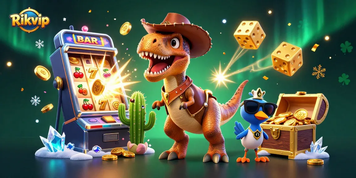 Join the excitement of Rikvip with a vibrant 3D scene showcasing a T-Rex and friends winning jackpots.