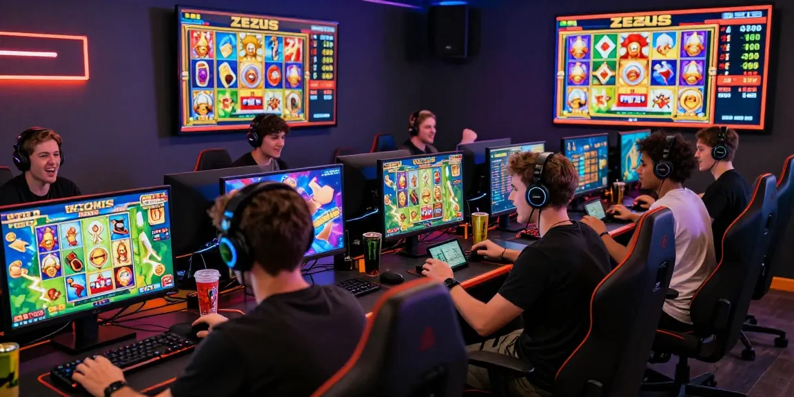 Players engaging in zeus slot gameplay, glowing screens, competitive atmosphere in an exciting gaming environment.