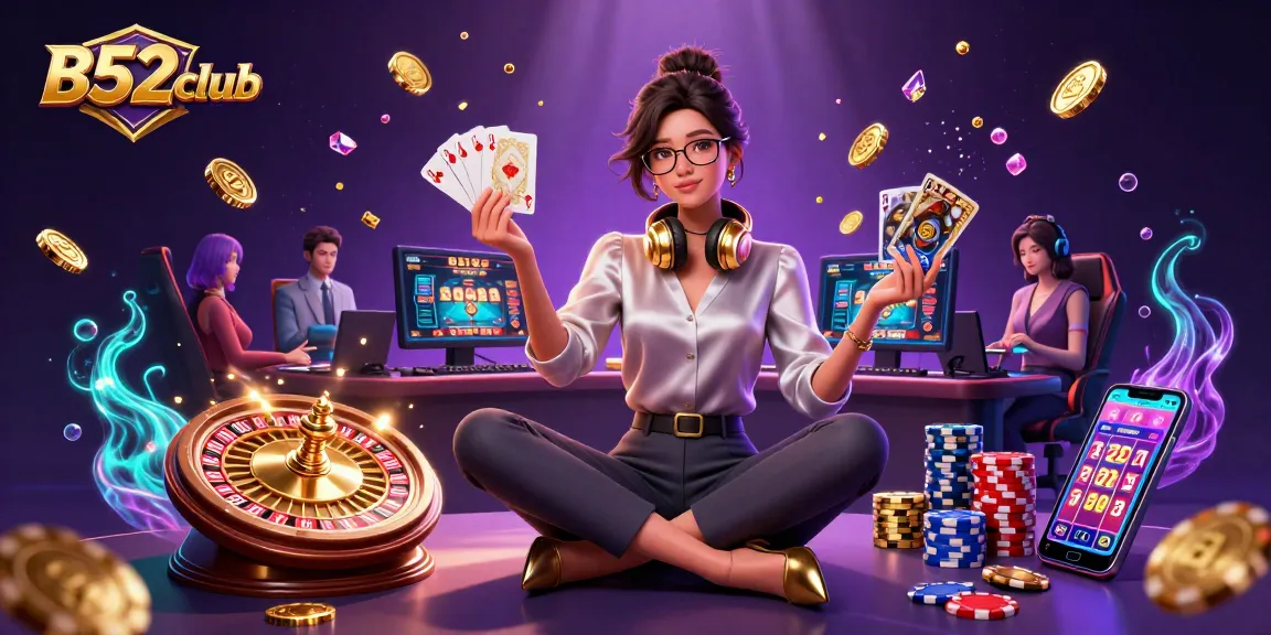 B52club offers a thrilling gaming experience as a photorealistic Asian woman engages with vibrant casino games and dazzling elements.