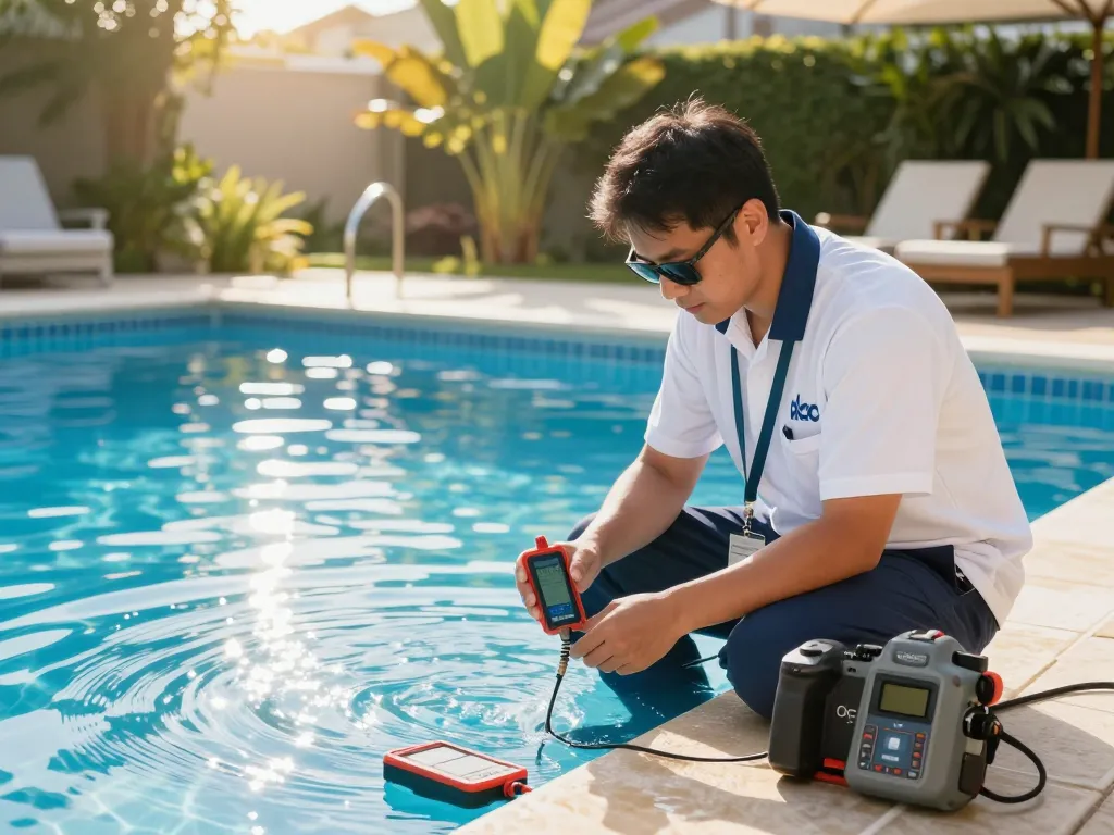 Dolphin Pool Services technician expertly performing leak detection at a residential swimming pool, showcasing professional care and quality service.