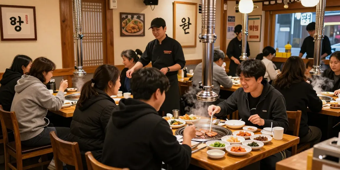 Diverse diners enjoying traditional dishes in 상봉동 한국관, a lively restaurant scene highlighting Korean culture.
