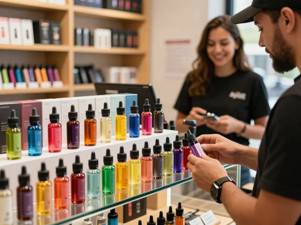 Nomenon e liquid 100ml variety displayed in a vibrant vape shop, highlighting colorful bottles and inviting ambiance.