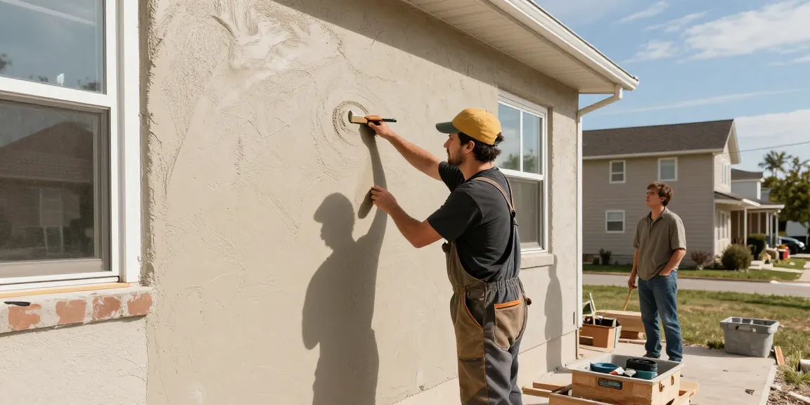 Stucco Regina installation by a trusted professional contractor, showcasing quality craftsmanship in a community service setting.