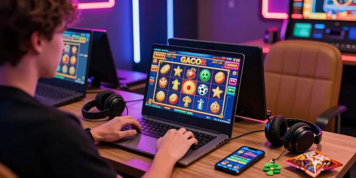 Player enjoying a slot gacor game in a lively online gambling setup with vibrant colors and engaging visuals.