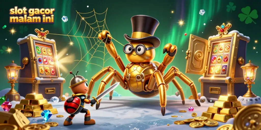 Gambar slot gacor malam ini menampilkan tarantula emas raksasa yang mengaitkan benang ke mesin slot, dikelilingi harta karun.