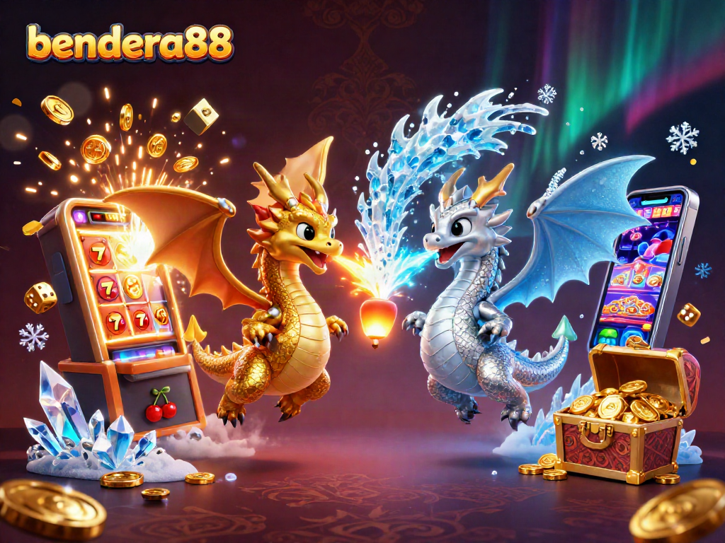 Menghadirkan bendera88 dengan naga 3D berwarna emas dan perak, simbol jackpot slot dan efek cahaya yang memukau.