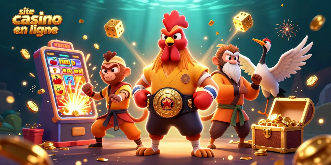 Jouer sur un site casino en ligne avec un coq de Muay Thai et un singe kung-fu entourés de machines à sous et de trésors.