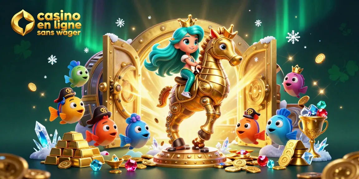 Découvrez le monde vibrant des casinos en ligne sans wager avec une princesse sirène et un hippocampe doré.
