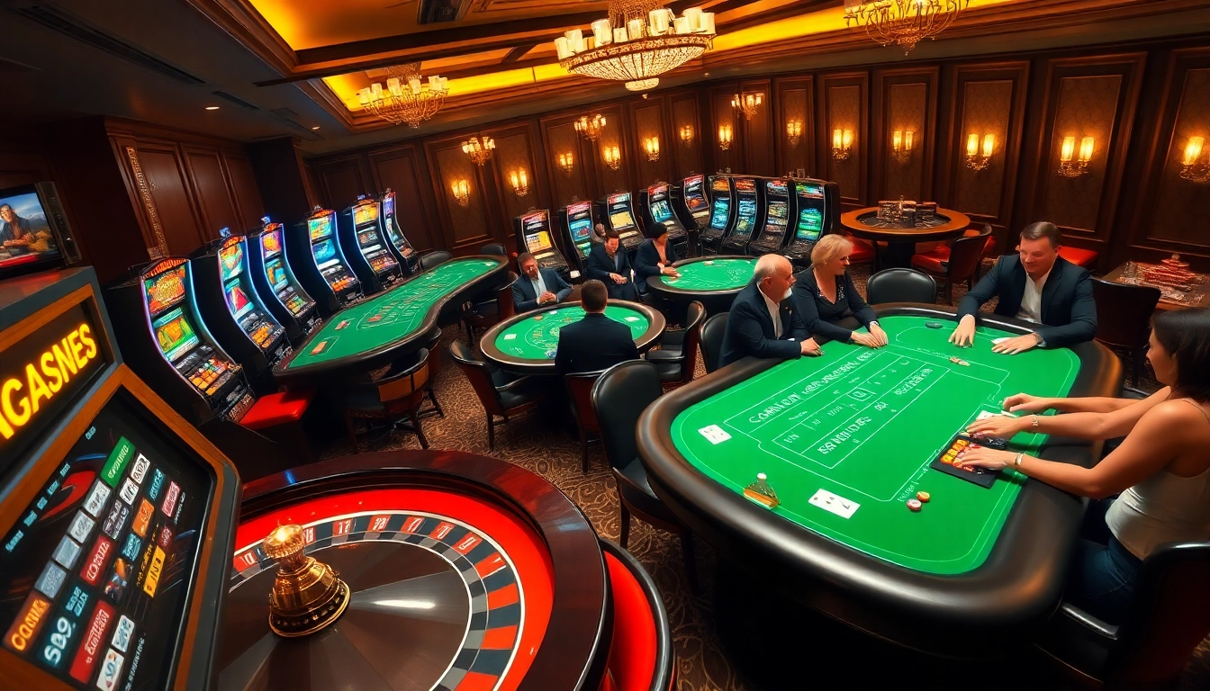 Découvrez l'ambiance vibrante du casino en ligne France avec des joueurs animés autour de tables de jeu luxueuses.