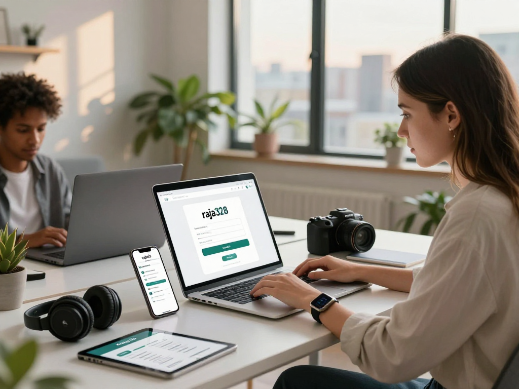Accessing raja328 login on a laptop in a modern home office setting.