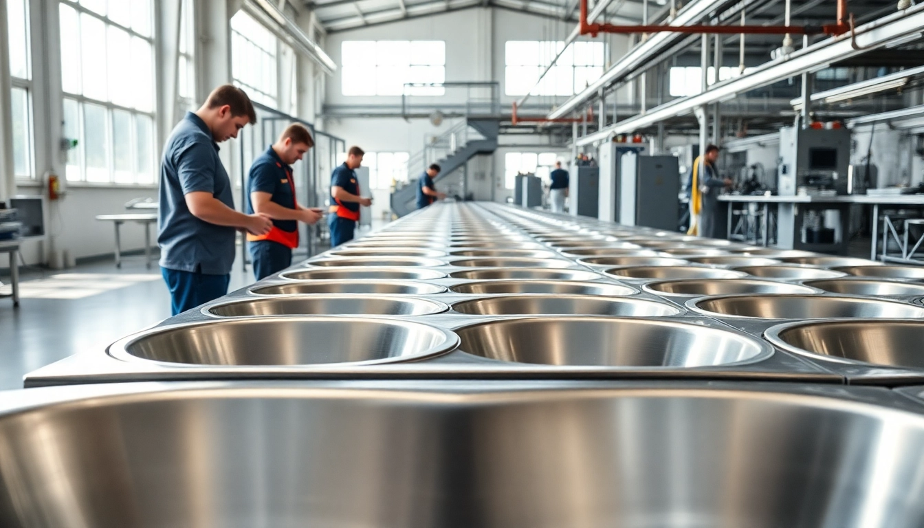 Inspecting stainless steel basins at a modern stainless steel basin factory.