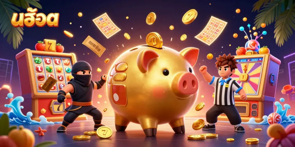 Experience thrilling สล็อต action with a golden piggy bank sumo wrestler, vibrant slot symbols, and a dynamic scene full of excitement.