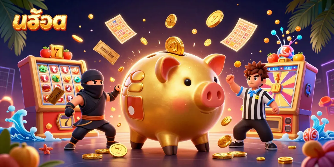 Experience thrilling สล็อต action with a golden piggy bank sumo wrestler, vibrant slot symbols, and a dynamic scene full of excitement.