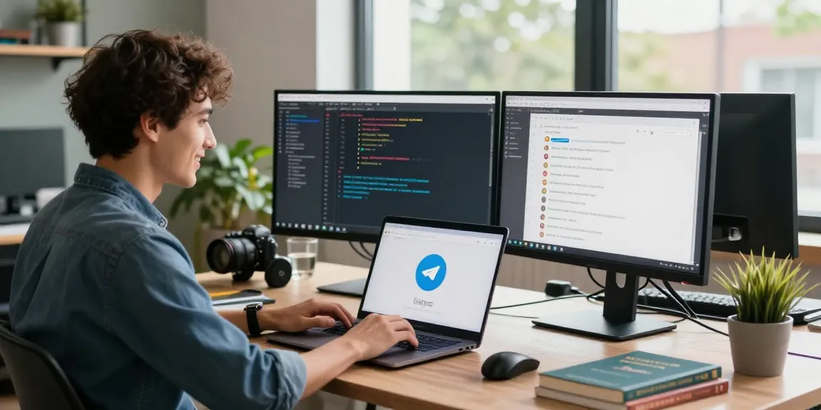 Using telegram中文版 on a developer's laptop in a modern tech workspace